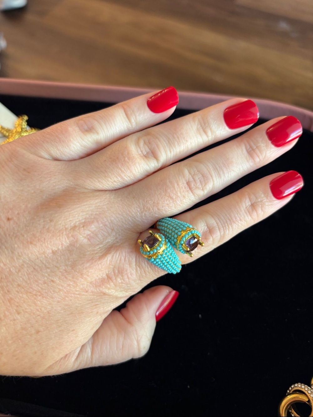 Source Unknown Turquoise Beaded Open Ring with Gold Accents and Brown Gem Ends